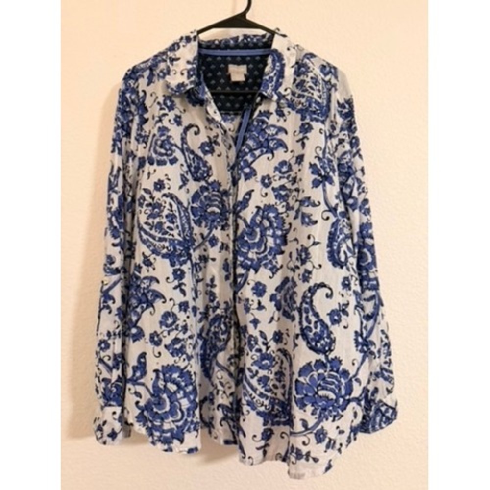 Chicos Blue White Paisley Floral Cotton Button Down Shirt Size 3 XL